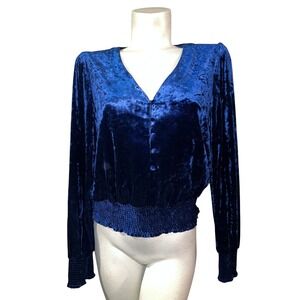 White House Black Market Crushed Velvet V-Neck LS Smocked Waist Blouse Top M